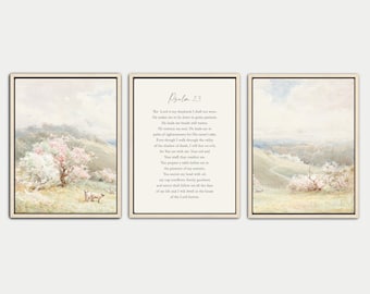Psalm 23 3 piece Vintage Scripture Wall Art Print Set, Christian Decor, Bible Verse Prints, Canvas, Three, Gallery, Framed