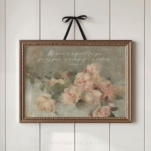 Impresión de arte mural cristiano "La gracia es suficiente", impresiones de las Escrituras, ilustraciones imprimibles de versículos bíblicos, flores vintage, póster, descarga digital