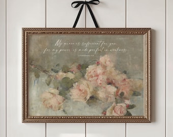 Grace is Sufficient Christian Wall Art Print, Scripture Prints, Bible Verse Printable Artwork, Vintage Flowers, Poster, Digital Download