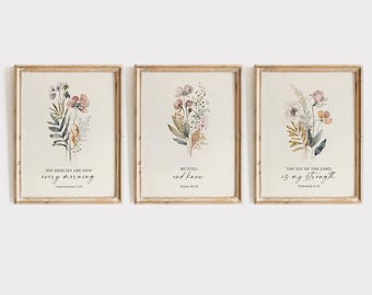 Floral Set of 3 Scripture Christian Wall Art, Three Prints, Vintage  Bible Verse Print, Gallery, Poster, His Mercies, Canvas