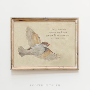 Eye on the Sparrow Christian Wall Art Print, Scripture Prints, Vintage, Bird, Bible Artwork Print, Canvas, Frame, Mothers Day, Spring