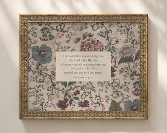 Bless You and Keep You Printable Christian Wall Art Print, Floral Scripture Prints, Vintage Bible Verse, Horizontal, Digital Download
