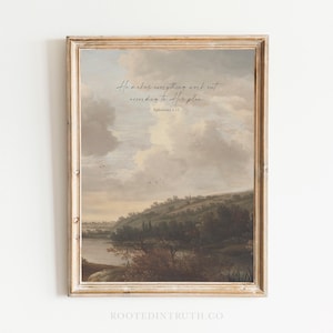A Christian wall art print with scripture against a moody landscape vintage painting