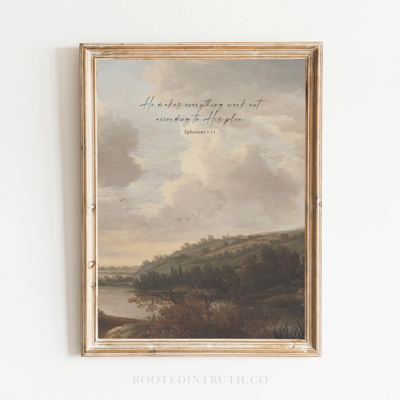 A Christian wall art print with scripture against a moody landscape vintage painting