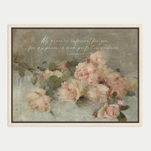 Genade is genoeg - Christelijke muurdecoratie, Bijbeltekstprint, printbare afbeelding met vintage bloemen, poster, digitale download
