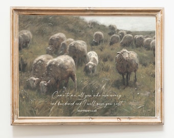 Come to Me Scripture Christian Wall Art Print, Bible Verse Framed, Vintage, Nursery Decor, Jesus, Sheep, Poster, Matthew, Give You Rest