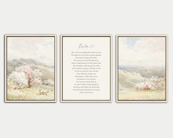Psalm 23 3 piece Vintage Scripture Wall Art Print Set, Christian Decor, Bible Verse Prints, Canvas, Three, Gallery, Framed