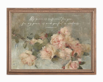Grace is Sufficient , Vintage Christian Art Print, Scripture Prints, Bible Verse Artwork, Poster, Floral, Framed, Canvas