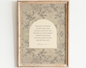 Psalm 37 Christian Wall Art Print, Lord, Vintage Artwork, Bible Verse, Morris Flowers, Religious Decor, Framed, Canvas, Gift