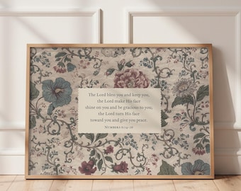 Bless You and Keep You Christian Wall Art Print, Floral Scripture Prints, Vintage Bible Verse, Horizontal,