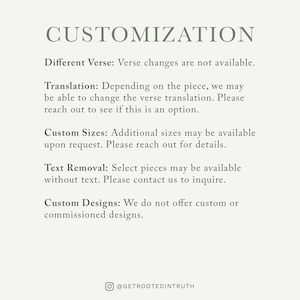 text that provides information about customization options for a product, such as custom sizes and text removal. It also mentions that the company does not offer custom designs.
