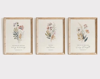 Floral Scripture Printable Set of 3, Christian Wall Art, Three Vintage Prints, Flowers Gallery, Poster, His Mercies Print, Digital Download