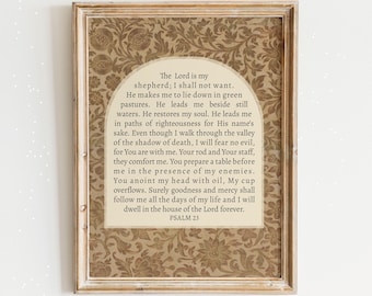 Psalm 23 Art Print, Scripture Prints, Christian Printable, Bible Verse Artwork, Vintage, William Morris, Lord is My Shepherd, Canvas, Frame