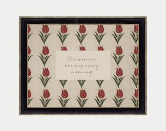 His Mercies Christian Wall Art Print, Spring Scripture Prints, Bible Verse Artwork, Vintage, Lamentations, Red, Digital Download