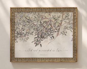"Enraizados y cimentados" (para imprimir), lámina con versículo bíblico para pared, impresión de las Escrituras, decoración cristiana, obra de arte vintage, Efesios, descarga digital.