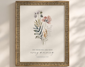 His Mercies Printable Bible Verse Wall Art, Christian Scripture, Floral Prints, Artwork, Decor, Vintage, Digital Download