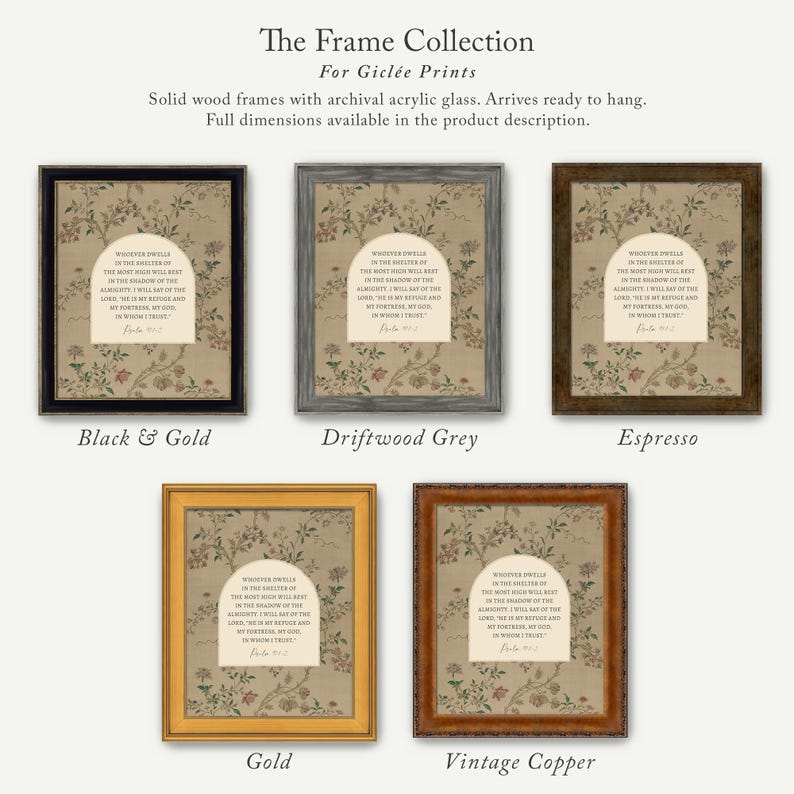 a collection of five framed prints, each with a different color and frame style, arranged in a row. The text on the prints is too small to read clearly, so I cannot provide a detailed description of the content.