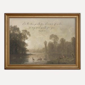 Hirschhosen-Motiv: Christlicher Kunstdruck zum Ausdrucken, Bibelvers-Kunstwerk, Psalm 42, Stimmungsvoller Vintage-Stil, Bäume, Digitaler Download