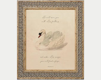 Psalm 91 Printable Christian Wall Art, Bible Verse Artwork, Nursery, Girls, Vintage Swan Prints, Under His Wings, Digital Download