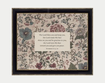 Bless You and Keep You Christian Wall Art Print, Floral Scripture Prints, Vintage Bible Verse, Horizontal,