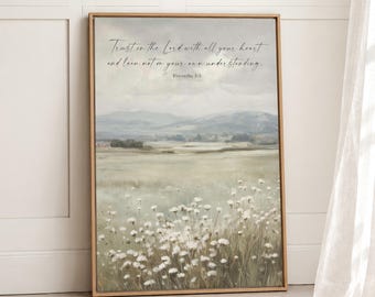 Trust in the Lord Christian Wall Art Print, Scripture Prints, Bible Artwork, Religious Home Decor, Jesus, Proverbs 3 5, Framed, Canvas