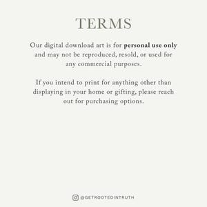 text that states that the digital download art is for personal use only and may not be reproduced, resold, or used for any commercial purposes. It also provides instructions for printing options if the user intends to print something other than displaying in their home or gifting.