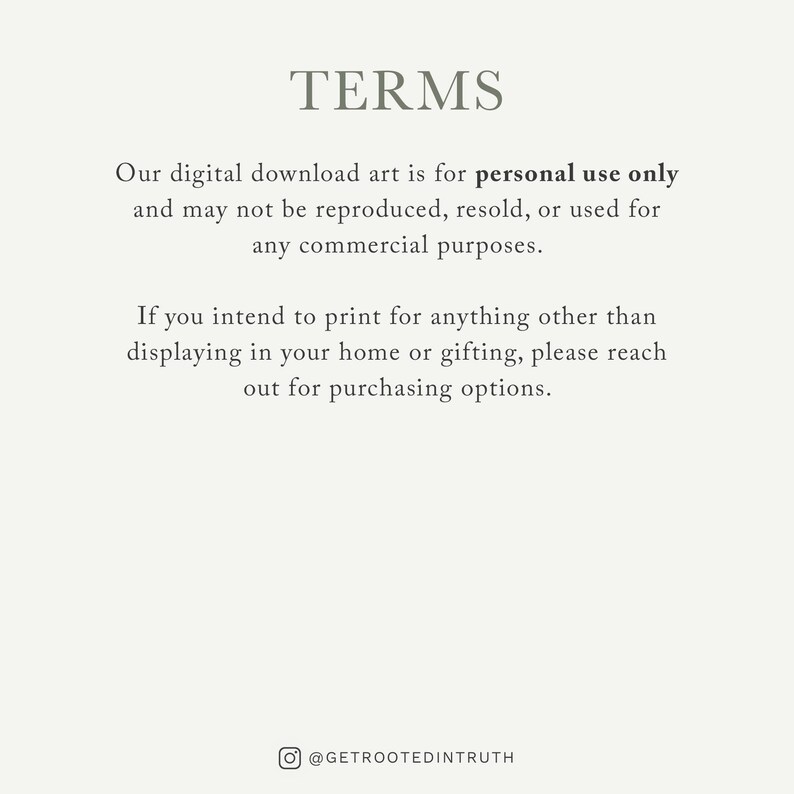 text that states that the digital download art is for personal use only and may not be reproduced, resold, or used for any commercial purposes. It also provides instructions for printing options if the user intends to print something other than displaying in their home or gifting.