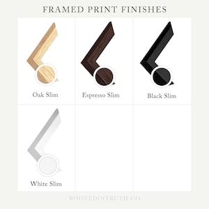 three different colored framed prints, each with a unique finish: Oak Slim, Espresso Slim, and Black Slim.