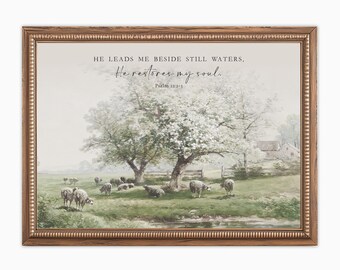 Psalm 23 Still Waters Scripture Wall Art Printable, Bible Verse, Christian Decor, Vintage Christian, Jesus, Nursery, Sheep, Digital Download