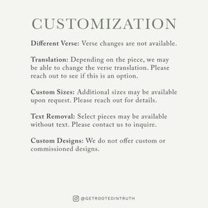 text that provides information about customization options for a product, such as custom sizes and text removal. It also mentions that the company does not offer custom designs.