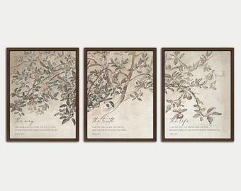 May include: A set of three framed wall art prints featuring botanical illustrations of apple tree branches with fruit. Each print includes script text reading The Way, The Truth, and The Life, along with corresponding Bible verses in a neutral palette.