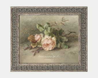 Love Never Fails Christian Wall Art Print, Scripture Prints, religious Home Decor, Roses and Flowers, Corinthians, Floral, Framed, Canvas