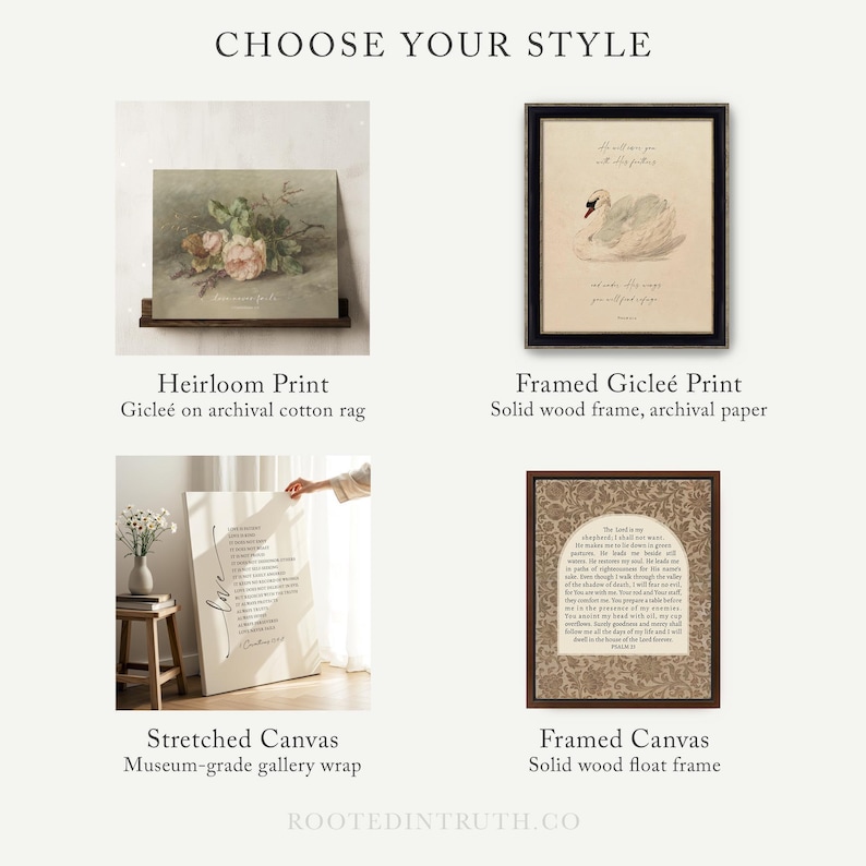 The image is a collage of five different print options, including a paper print, framed paper print, rolled canvas print, stretched canvas print, and framed canvas print. Each print option has a unique design and presentation, showcasing various styles and materials.