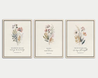 Zestaw 3 wydrukowanych fragmentów Pisma Świętego z motywem kwiatowym, chrześcijańska sztuka ścienna, trzy wydruki w stylu vintage, galeria kwiatów, plakat, wydruk „Jego miłosierdzie”, pobieranie cyfrowe