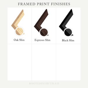 three different colored framed prints, each with a unique finish: Oak Slim, Espresso Slim, and Black Slim.
