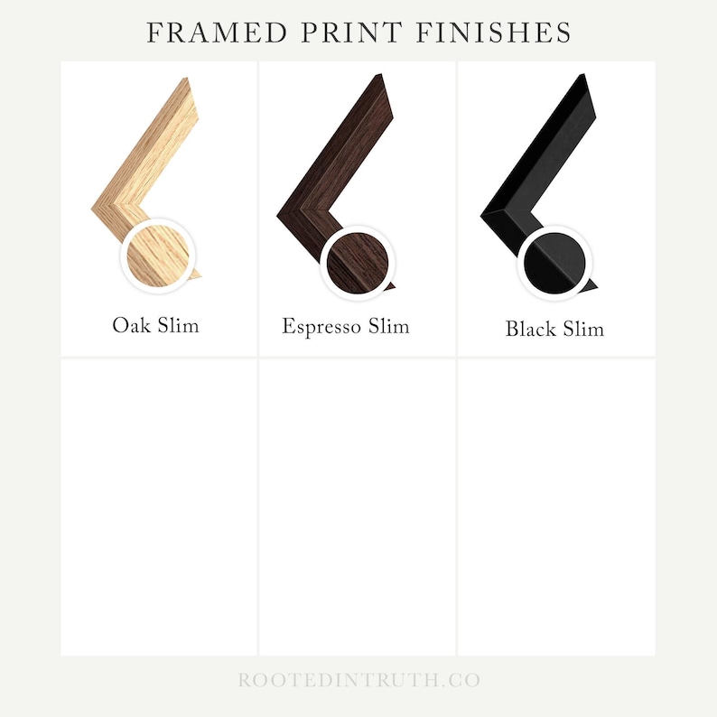 three different colored framed prints, each with a unique finish: Oak Slim, Espresso Slim, and Black Slim.