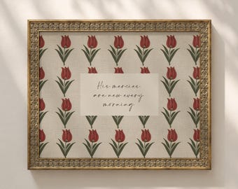 His Mercies Christian Wall Art Print, Spring Scripture Prints, Bible Verse Artwork, Vintage, Lamentations, Red, Digital Download