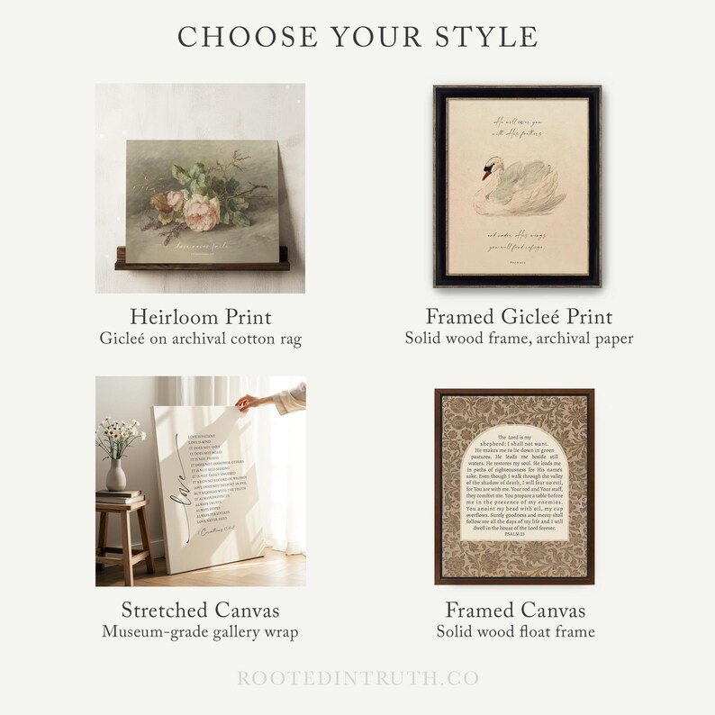 The image is a collage of five different print options, including a paper print, framed paper print, rolled canvas print, stretched canvas print, and framed canvas print. Each print option has a unique design and presentation, showcasing various styles and materials.