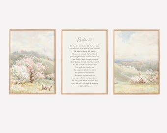 Psalm 23 3 piece Vintage Scripture Wall Art Print Set, Christian Decor, Bible Verse Prints, Canvas, Three, Gallery, Framed