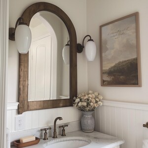 A Christian wall art print with scripture in a bathroom with farmhouse, cottage decor