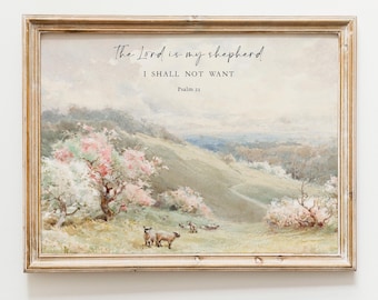 Psalm 23 Vintage Christian Scripture Art Print, Religious Home Decor, Sheep and Shepherd, Psalm Poster, Vintage, Framed, Canvas