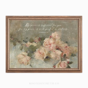 Grace is Sufficient Christian Wall Art Print, Scripture Prints, Bible Verse Printable Artwork, Vintage Flowers, Poster, Gallery, Digital