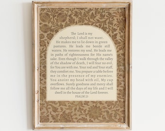 Psalm 23 Printable Christian Wall Art Print, Scripture Prints, Bible Verse Artwork, Vintage, Lord is Shepherd, Floral, Digital Download