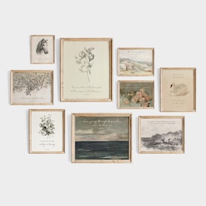May include: A gallery wall set of nine framed prints featuring various illustrations including a horse, flowers, a swan, a landscape, and a seascape. Each print contains printed text in a serif font, enclosed in light wood frames on a plain background.