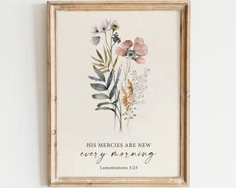 His Mercies Printable Bible Verse Wall Art, Christian Scripture, Floral Prints, Artwork, Decor, Vintage, Digital Download