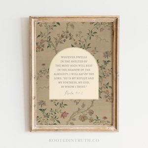 The image is a framed print featuring a floral pattern and a Bible verse from Psalm 11:2.