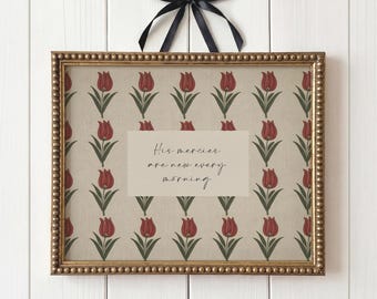 His Mercies Christian Wall Art Print, Spring Scripture Prints, Bible Verse Artwork, Vintage, Lamentations, Red, Digital Download