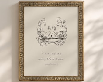 Beloveds Christian Scripture Printable Wall Art, Religious Home Decor, Bible Verse Artwork, Vintage Swans, Song of Solomon, Digital Download