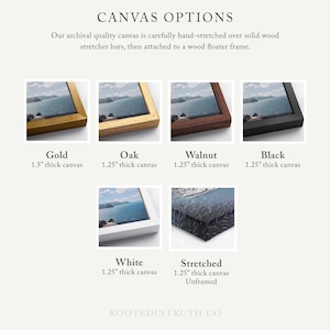The image is a collage of various canvas frame options, including black, gold, oak, walnut, and stretched canvas frames. The text provides information about the different frame options, such as the archival quality of the canvas, the thickness of the canvas, and the frame materials.
