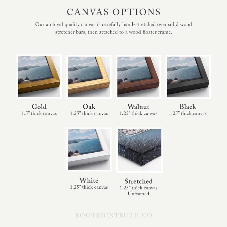 The image is a collage of various canvas frame options, including black, gold, oak, walnut, and stretched canvas frames. The text provides information about the different frame options, such as the archival quality of the canvas, the thickness of the canvas, and the frame materials.
